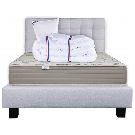 Ensemble Matelas Organic Cotton 24cm mousses haute densité ferme face été/hiver+sommier gris ep20cm+oreiller+couette+Tête de Lit, 90x190cm (1/5)