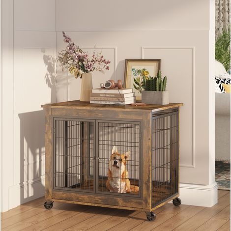 Jaula para perro de interior 80x56x69,5 cm en madera y acero marrón/negro, con ruedas – MEUBLIV (1/5)
