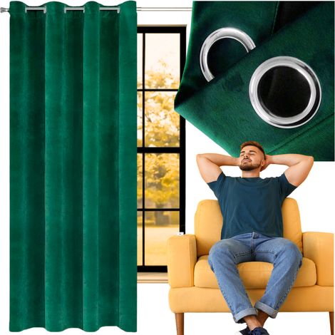 Rideau en velours à œillets 140x250 cm, anneaux verts, velours épais prêt à l'emploi, MORE&DECO