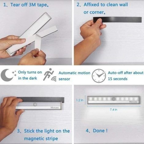 3pcs Lampe Détecteur de Mouvement, Lampe de Placard, USB Rechargeable Veilleuse LED,10 LED Lampe Escalier-Blanc,pour Cabinet Pende (1/4)