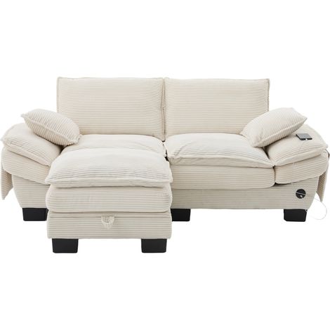 Solution gain de place – Canapé 2 places modulable en velours côtelé beige, 1 pouf inclus, assise ergonomique, mousse haute densité, poches latérales – pour salon ou bureau (1/5)