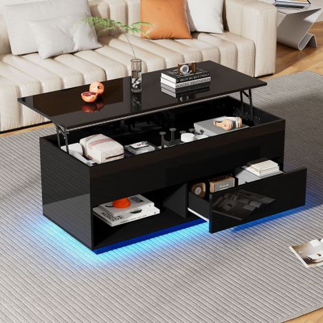 Table basse relevable laquée — Table basse / Table de salon à LED, dotée d'un éclairage LED, d'un mécanisme de levage hydraulique et de rangements multiniveaux — Noir