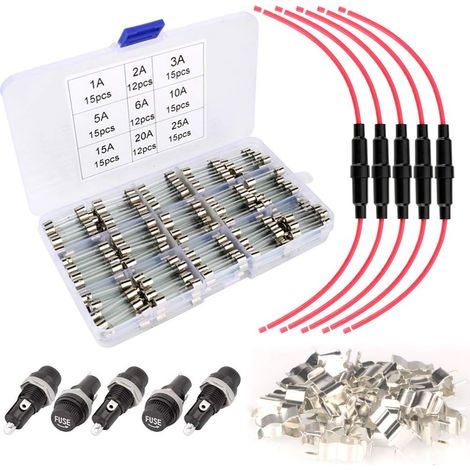 Set mit 126 Glassicherungen – 120 flinke Größen + 10 Sicherungshalter (6 x 30 mm AGC in Reihe)