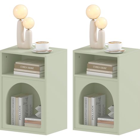 Lot de 2 tables de chevet vert clair, table de nuit design arqué avec compartiments ouverts, 40 x 30 x 60 cm