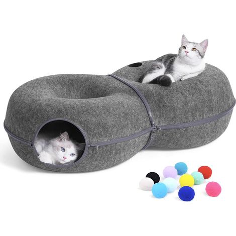 Tunnel Chat en Forme de 8, Grand lit pour Chats d'intérieur, Grotte pour Chat à Circulation Infinie avec 12 balles Jouets, Tunnel en Forme de Donut pour Chats jusqu'à 14 kg (Gris foncé) (1/5)