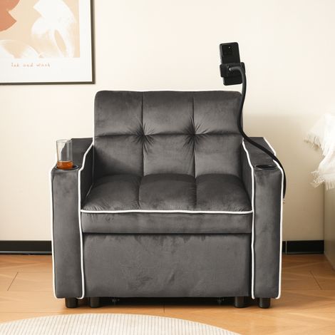 Fauteuil convertible 83 x 167(75) x 76 cm 3 en 1 - avec porte-gobelets et support pour téléphone - canapé inclinable - gris (1/5)