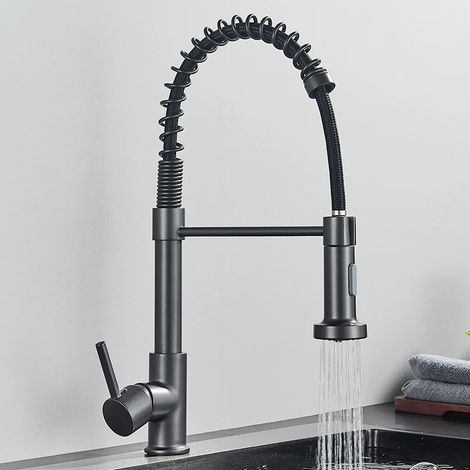 Robinet de cuisine en or brossé (Gris mat) avec douchette extractible à 2 jets et poignée unique pour eau chaude et froide. Rotation à 360°. (1/5)