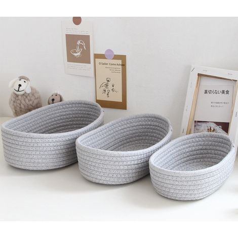 Lot de 3 paniers de rangement ovales de bureau en corde de coton tressée à la main, gris, pour maquillage et en-cas. (1/5)