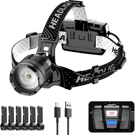 Lampe Frontale LED USB-C Rechargeable, Ultra Puissante 90000 Lumens 4 Modes Lampe Frontale avec Capteur, Batterie 9000mAh Zoom IP65 Étanche Angle de 90 ° Réglable pour Camping en Extérieur [Classe éne (1/5)