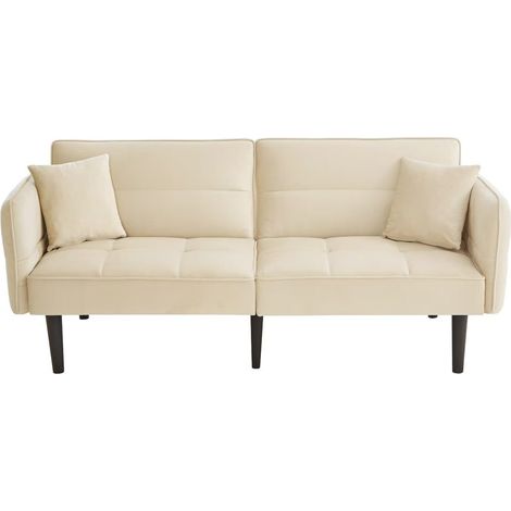 Divano letto, divano da 2 posti con schienali regolabili e braccioli ribaltabili, in velluto, beige (1/5)