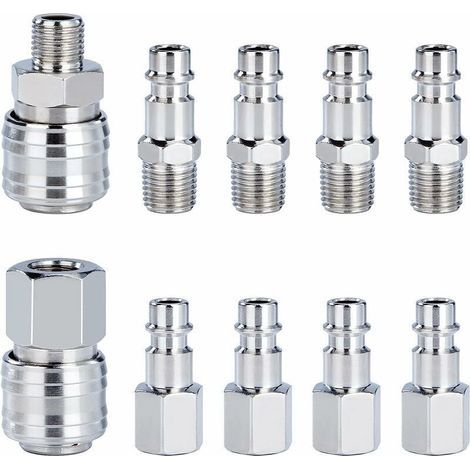 Raccord Rapide de Compresseur 1/4"BSP Coupleur Pneumatique d'air Kit Raccords de Tuyau Connecteur Homme Femme 10 Pièces (1/4)