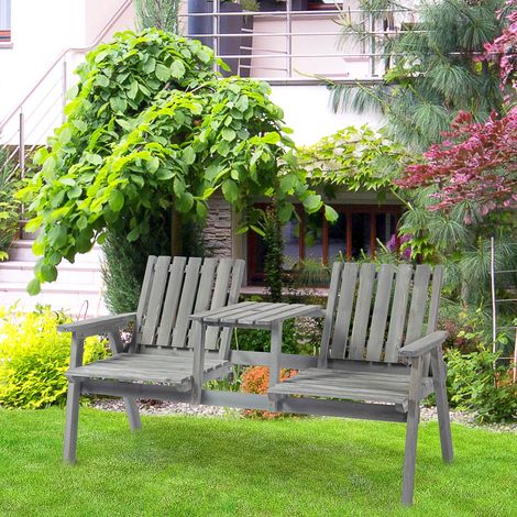 Outsunny Gartenbank mit Tisch, Sitzgruppe, Gartenmöbel, mit Regenschirmloch, Sitzbank, 2 Stühle, Massivholz, Grau, 152 x 70 x 83 cm