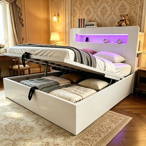 Cama con almacenaje (219.5x141x107 cm), elevación hidráulica, cabecero con LED y enchufes, madera blanca (1/5)