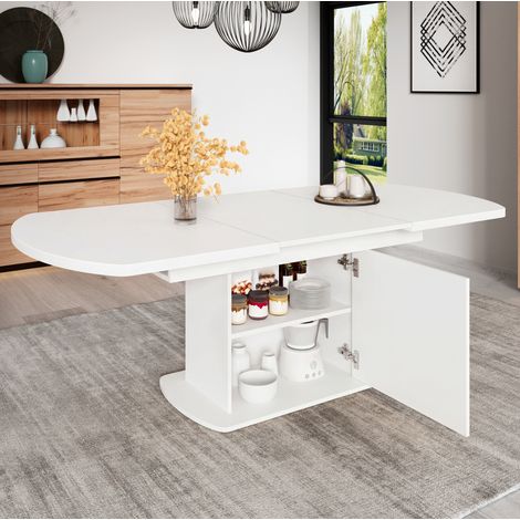 Mesa de comedor extensible, 140/200x80x75 cm, con almacenaje, tablero de partículas, blanco y plata (1/5)