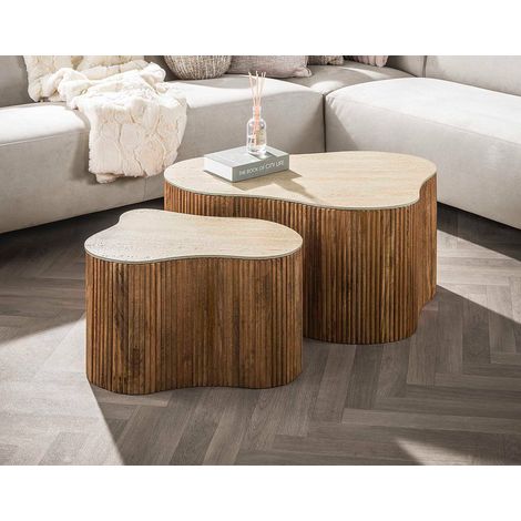 Jade - lot de 2 tables basses gigognes effet travertin - pieds en bois massif de manguier - 90 et 61 cm