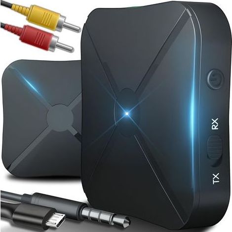 Adaptateur récepteur Bluetooth audio 2w1 avec câbles auxiliaire 3,5 mm et RCA, sans fil et portable pour voiture, TV, chaîne stéréo Hi-Fi, enceintes et casque audio, faible latence. (1/5)