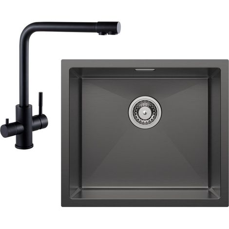 Fregadero bajo encimera con 1 seno Fregadero de acero inoxidable 50×44CM antracita + grifo de cocina negro Grifo para fregadero 3 en 1, altura 344 mm (1/5)