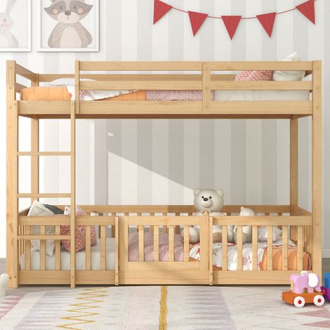 Strutture letto a castello 90 x 200 cm, Letto per bambini con rete a doghe, Letto con scala ad angolo retto e Sponda di sicurezza Protezione, struttura letto in legno massello, design moderno - Natura (1/5)