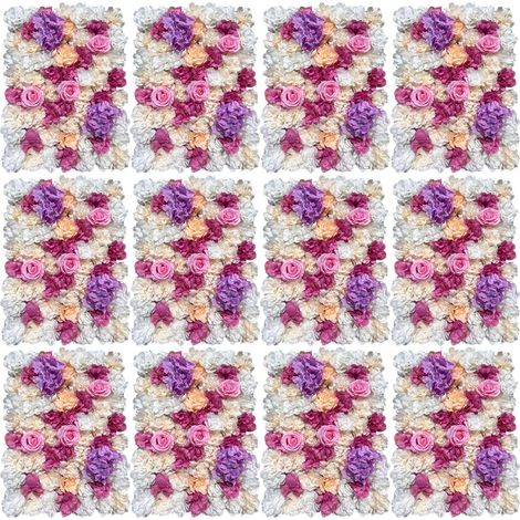 Lot de 12 panneaux muraux de fleurs artificielles, mur de fleurs en soie, décoration murale florale, fond photo pour mariage, fête, cérémonie et événement - 60x40 cm, violet‑rose‑blanc (1/5)