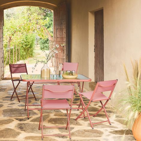 Table de jardin pliante acier + 4 assises textilène terracotta - Ancona