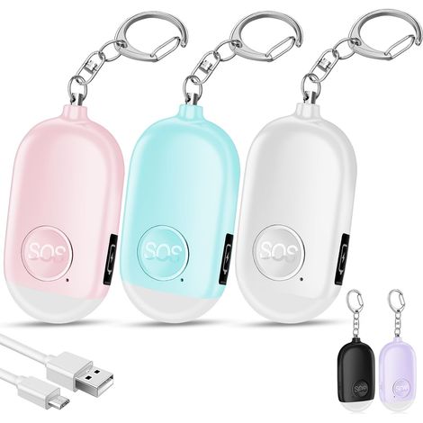 Paquete de 3 alarmas de seguridad personales de 130 dB con llavero, alarma de bolsillo recargable con linterna LED para mujeres, niños y ancianos (blanco + rosa + azul)