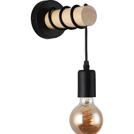 Applique Murale Ronde en Bois Naturel avec Douille E27 Noir (1/5)