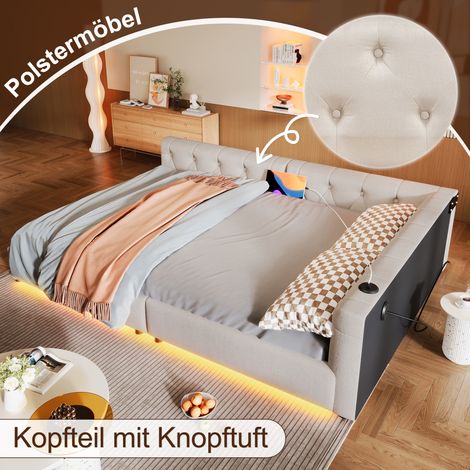 Canapé-lit 140 x 200cm beige lin, éclairage ambiance télécommandé, tête de lit touffetée, USB+Type-C, cadre à lattes, sans matelas
