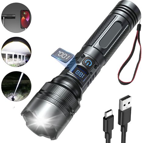 Hochleistungsfähige, wiederaufladbare LED-Taschenlampe mit hoher Leuchtkraft, ideal zum Wandern, Campen und für Notfälle im Freien.