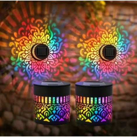 Set di 2 luci solari per recinzione - illuminazione da giardino a energia solare - lampada da parete - proiettore Mandala - illuminazione d'atmosfera per recinzione - Nero - 8,28,58,5 cm (1/5)