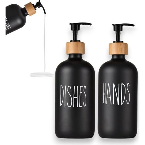 Lot de 2 distributeurs de savon et liquide vaisselle, pompe en acier inoxydable, large ouverture, 475 ml, accessoire de cuisine, noir (1/5)