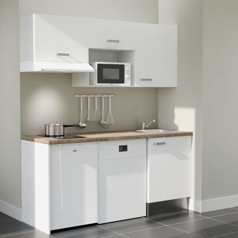 Cuisibane – Kitchenette 180 cm avec plan de travail stratifié bois et évier inox – Façade blanche – Meubles hauts et bas inclus - K55L-PT