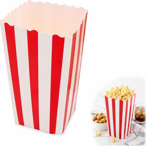 Lot de 50 boîtes à pop-corn en papier - Design rayures rouges et blanches - Sachet pour friandises et goûters d'anniversaire (1/5)