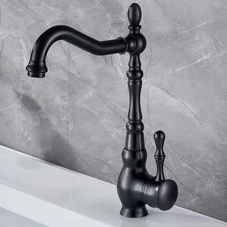 Black kitchen tap with 360° swivel spout, sink mixer tap, retro black, water supply hose included. (1/5)