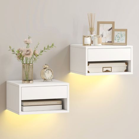 Tables de chevet suspendues LED RGB lot de 2 avec tiroir et étagère contrôle par application 37x32x21cm blanc (1/5)
