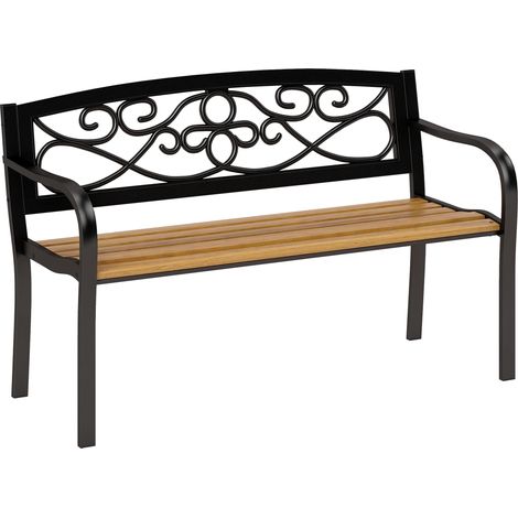 Banc noir en bois et fer forgé 127x56x80 cm 2 places avec dossier et accoudoirs incurvés, mobilier jardin design élégant pour extérieur pratique