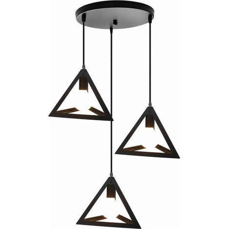 Lustre Suspension Industrial 3 Lampes Abat Jour Suspension Art Géométrique Plafonnier Vingate en Métal, Triangle, Noir - Base Rond BLOW (1/4)