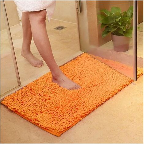 Tapis de bain/de porte/de cuisine à poils longs, orange, 60 x 90 cm, doux et moelleux, avec bandes antidérapantes et absorbantes. (1/5)