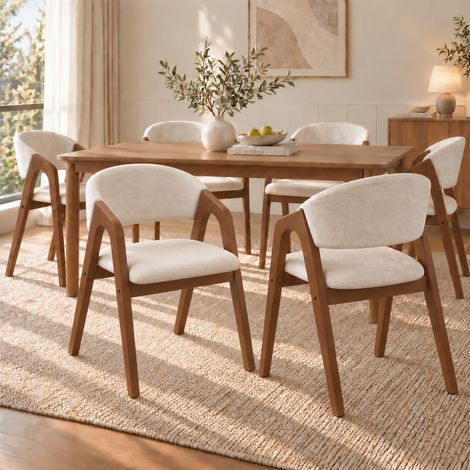 Grand Confort Lot de 6 Chaises Salle à Manger Bois Massif Hévéa avec Accoudoirs Assise Tissu Lin Table de Séjour (1/5)