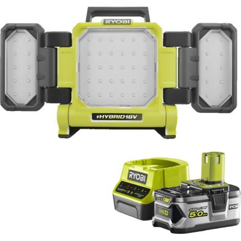 Pack RYOBI Triple panneau lumineux LED Hybrid 3000 Lumens Filaire et sur batterie 18V RLPH18-0 - 1 Batterie 5.0Ah - 1 Chargeur rapide RC18120-150