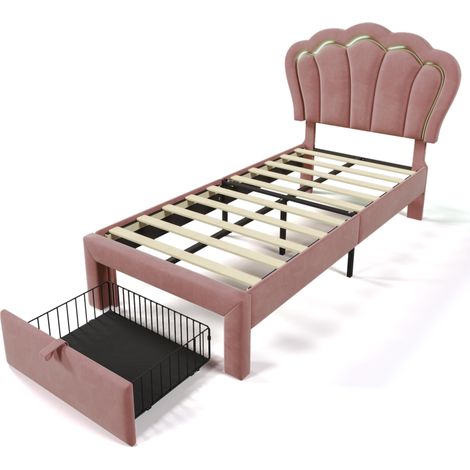 Cama infantil 90 x 200 cm de terciopelo rosa con cajón, LED RGB y cabecero regulable MODENUIT (1/5)