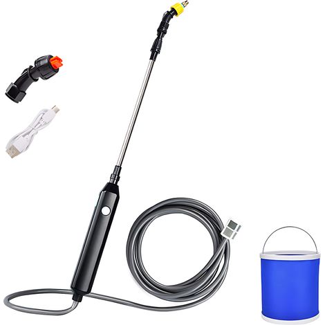 Elektrischer Handsprüher aus Edelstahl mit ausziehbarem 58 cm langem Schlauch (3 m), 2 Düsen, Filternetz und 11-Liter-Eimer