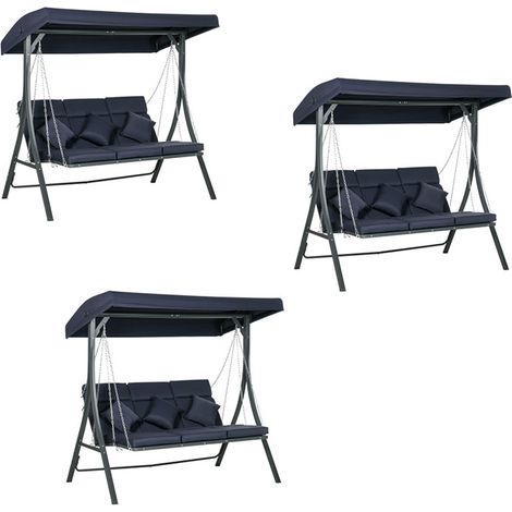 3er-Set hollywoodschaukel 3-Sitzer, bis 270 kg belastbar, Schaukelbank mit verstellbarem Sonnendach, Gartenschaukel mit Kissen