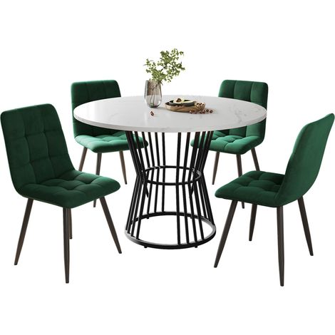 Table à manger ronde 100 cm, ensemble 5 pièces avec 4 chaises en velours, plateau MDF effet marbre, pieds métal réglables pour cuisine moderne – CHICFURN (1/5)