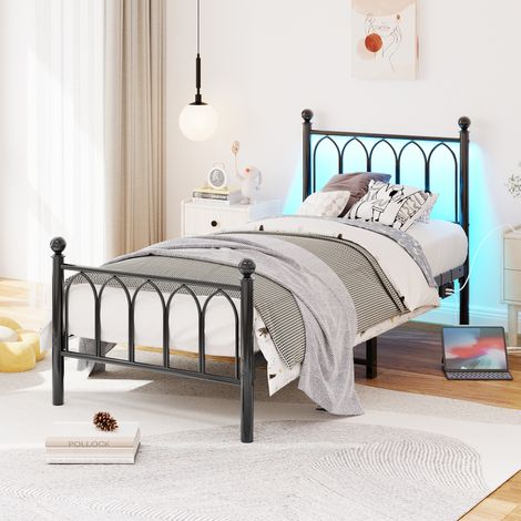 Lit cadre métal 90x200 cm noir, style vintage, tête et pied de lit, USB, LED, REDOM (1/5)