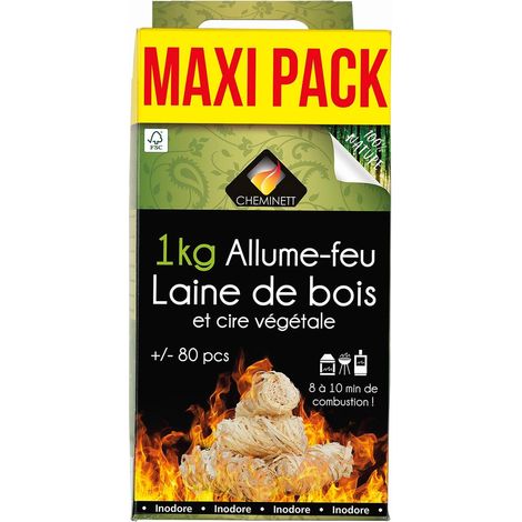 Cheminett - Laine de Bois - Allume Feu 100% Naturel - 1 kg, +/- 80 Pièces - À Ba (1/3)
