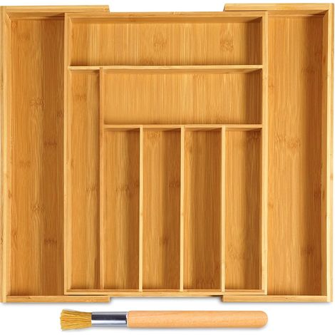 Plateau à couverts en bambou, organiseur de tiroir extensible à 7-9 compartiments + brosse de nettoyage, dimensions : 32-52 x 41 x (1/5)