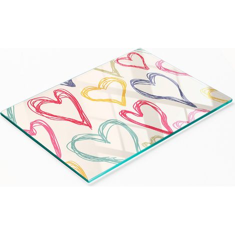 Tabla decorativa de cristal para servir aperitivos con corazones de colores, 80x52 cm.
