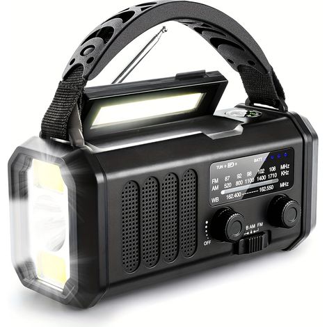 Radio d'urgence 10000mAh, à énergie solaire, à manivelle, radio météo AM/FM, 3 modes de charge, lampe torche et lampe de lecture, alarme SOS. (1/5)