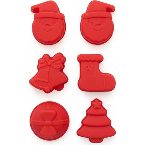 TrAdE Shop Traesio - Set Di Stampini In Silicone Per Biscotti Dolci 6 Formine Rosse Con Vari Soggetti Natalizi - (1/2)