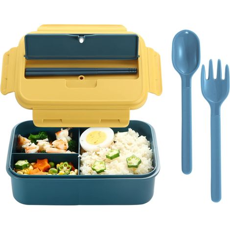 Boîte à lunch pour adulte, boîte à lunch avec 3 compartiments pour couverts, sans BPA, bleu jaune